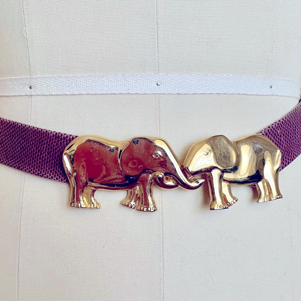 Maureen Elaine purple snakeskin belt with elephant gold buckle